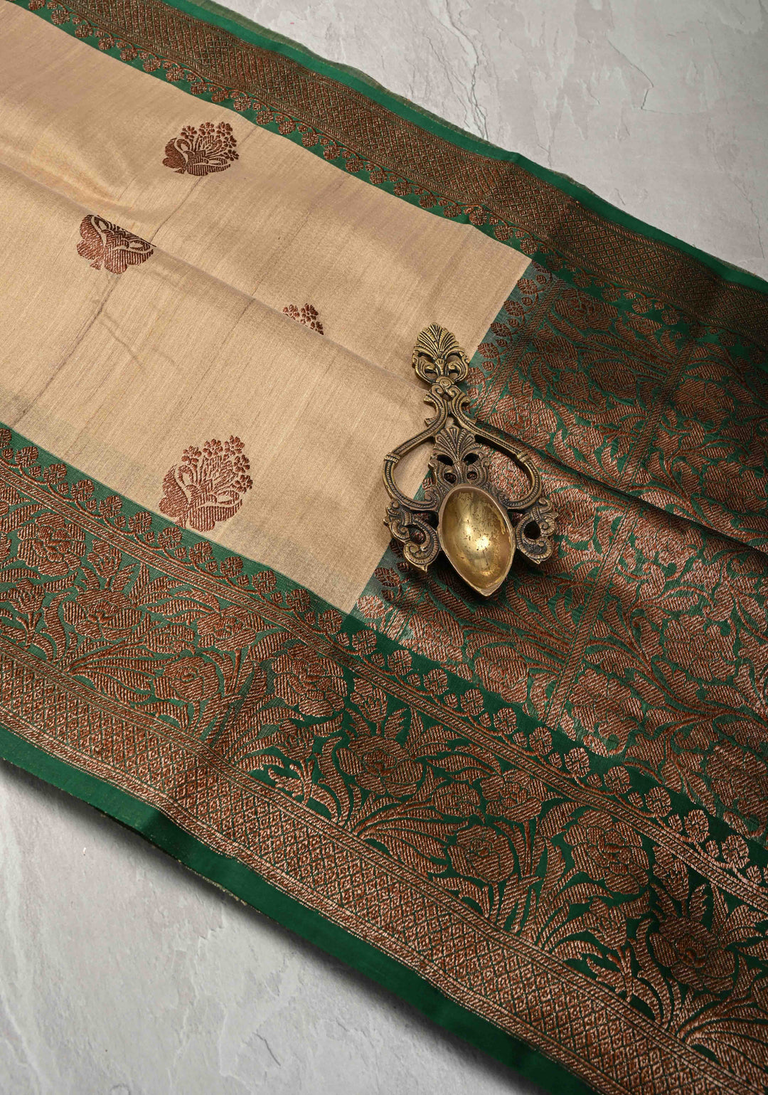 Beige Banarasi Tussar Silk Saree with Antique Zari Butta and Contrast Green Border | SILK MARK CERTIFIED