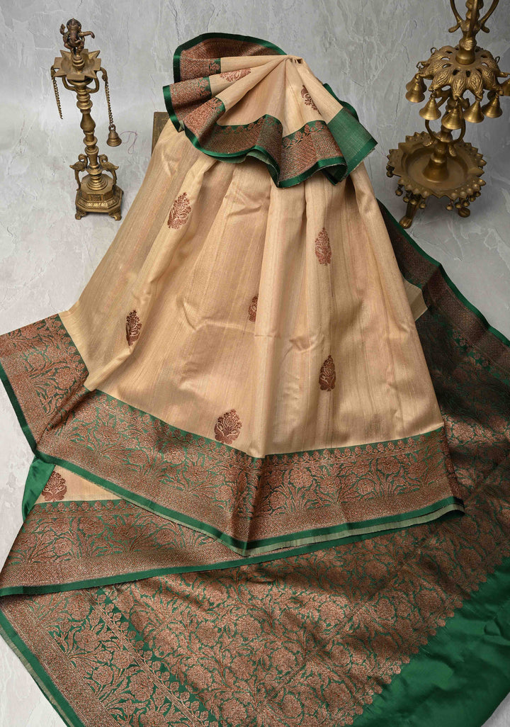 Beige Banarasi Tussar Silk Saree with Antique Zari Butta and Contrast Green Border | SILK MARK CERTIFIED
