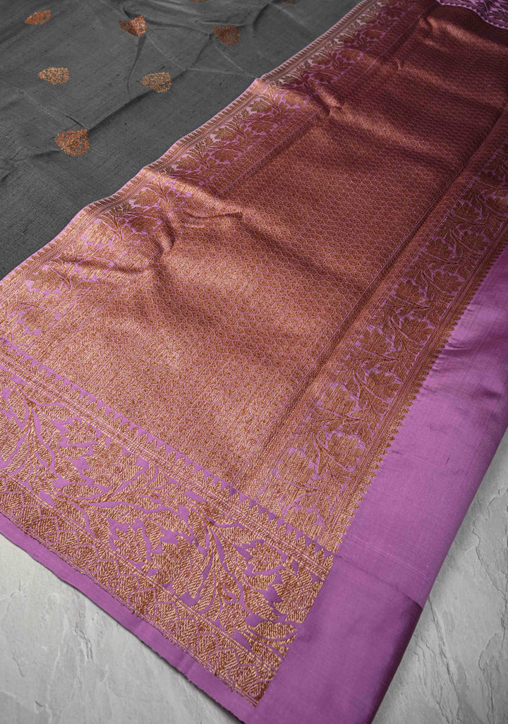 Gray Tussar Silk Saree with Antique Zari Butta and Contrast Amethyst Purple Border | SILK MARK CERTIFIED