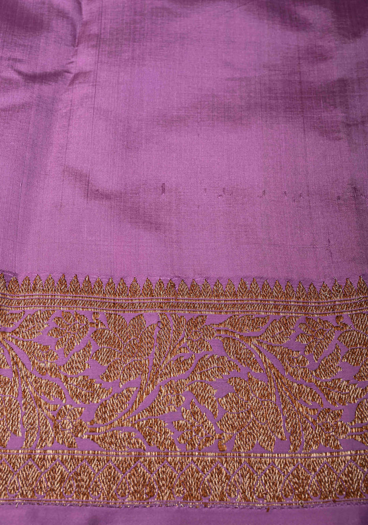 Gray Tussar Silk Saree with Antique Zari Butta and Contrast Amethyst Purple Border | SILK MARK CERTIFIED