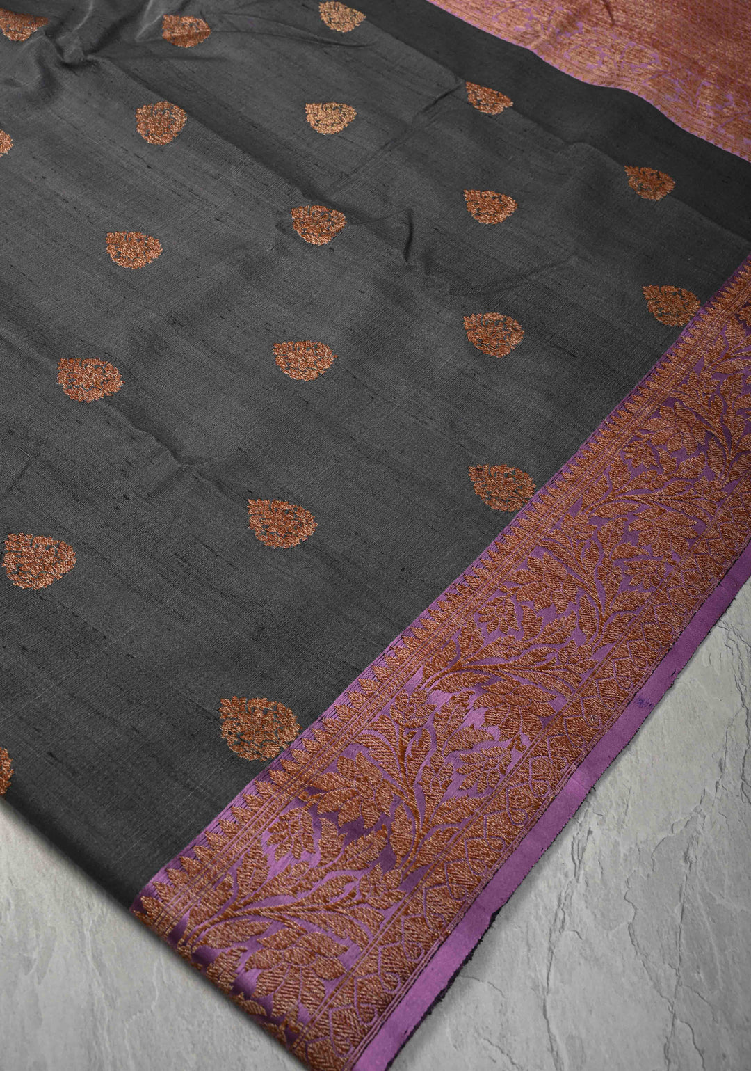 Gray Tussar Silk Saree with Antique Zari Butta and Contrast Amethyst Purple Border | SILK MARK CERTIFIED