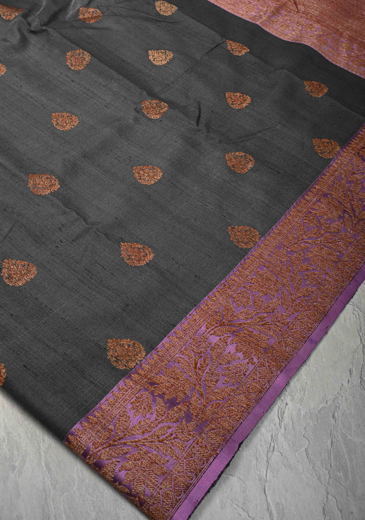 Gray Tussar Silk Saree with Antique Zari Butta and Contrast Amethyst Purple Border | SILK MARK CERTIFIED