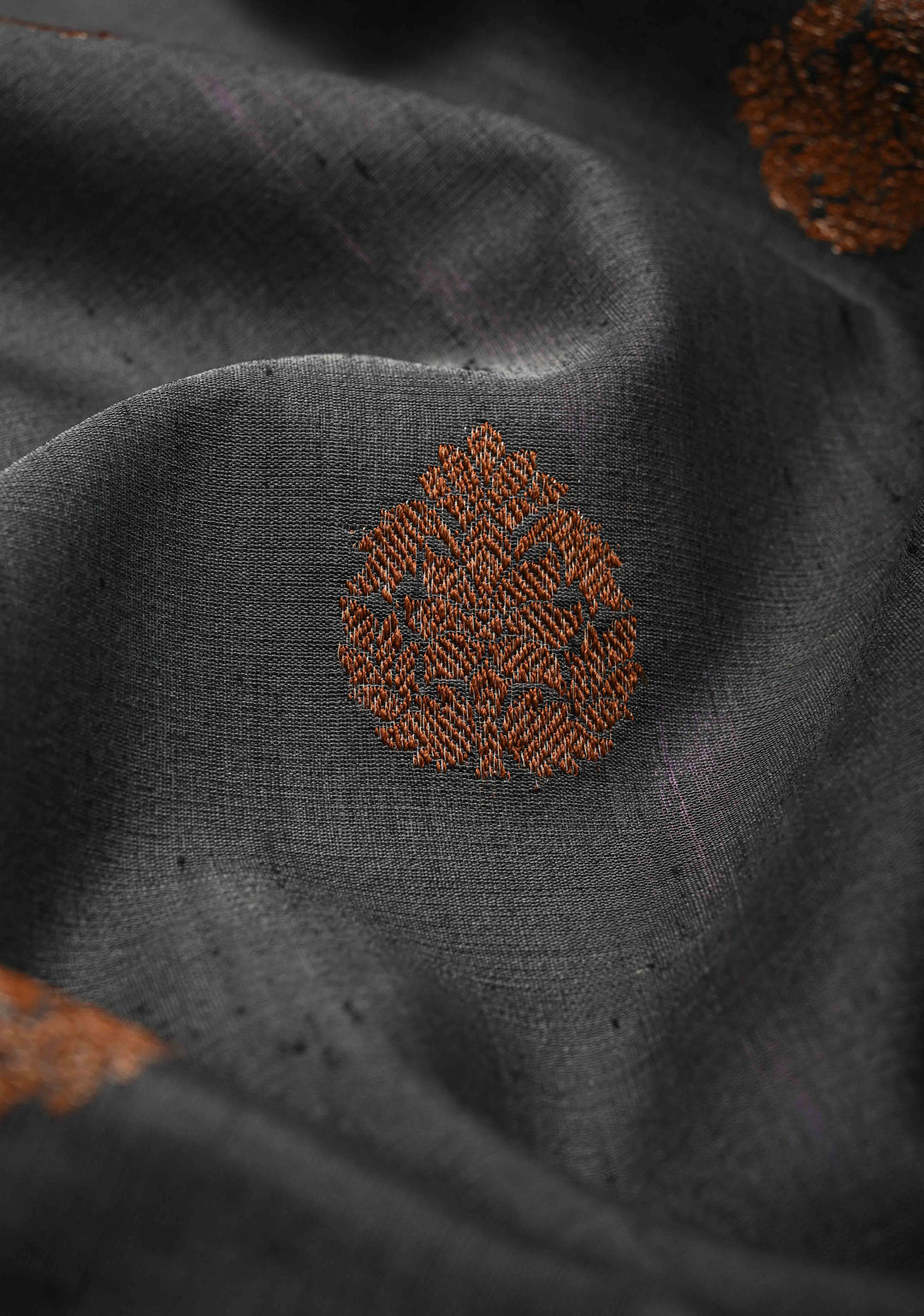 Gray Tussar Silk Saree with Antique Zari Butta and Contrast Amethyst Purple Border | SILK MARK CERTIFIED