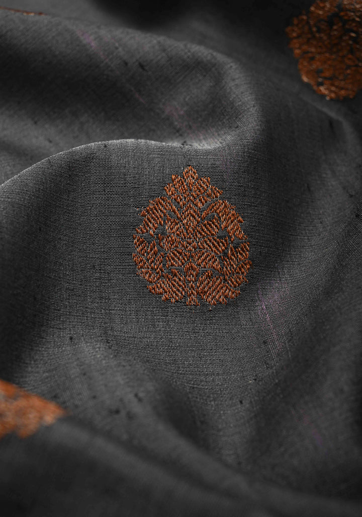 Gray Tussar Silk Saree with Antique Zari Butta and Contrast Amethyst Purple Border | SILK MARK CERTIFIED