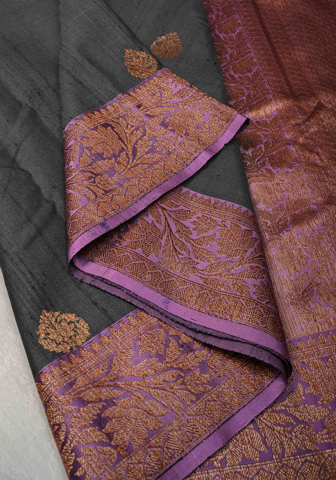 Gray Tussar Silk Saree with Antique Zari Butta and Contrast Amethyst Purple Border | SILK MARK CERTIFIED