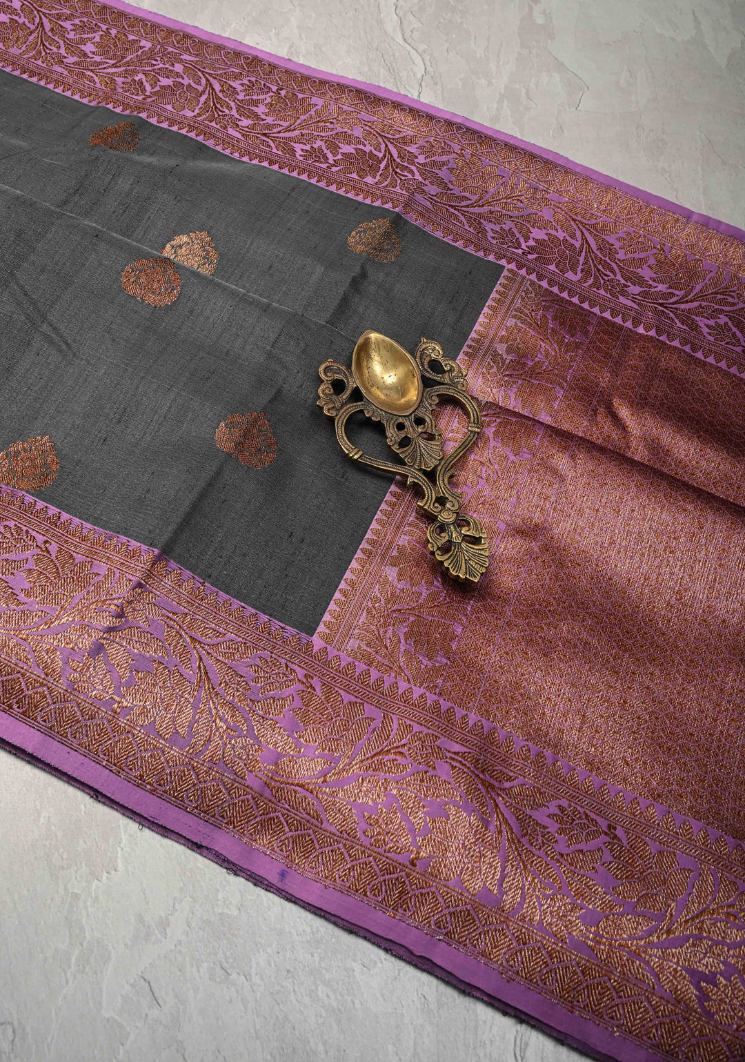 Gray Tussar Silk Saree with Antique Zari Butta and Contrast Amethyst Purple Border | SILK MARK CERTIFIED