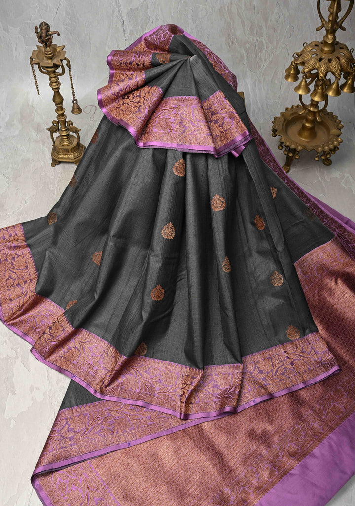 Gray Tussar Silk Saree with Antique Zari Butta and Contrast Amethyst Purple Border | SILK MARK CERTIFIED