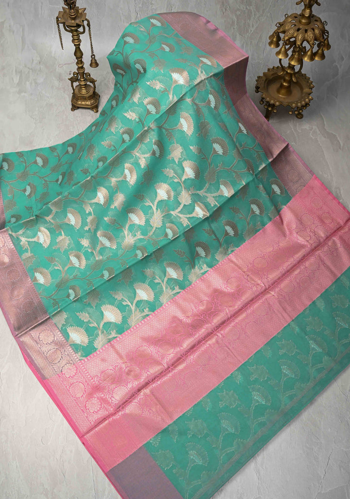 Mint Green Banarasi Semi Kora Silk Saree with Sona Rupa Jaal and Contrast Purple Zari Border