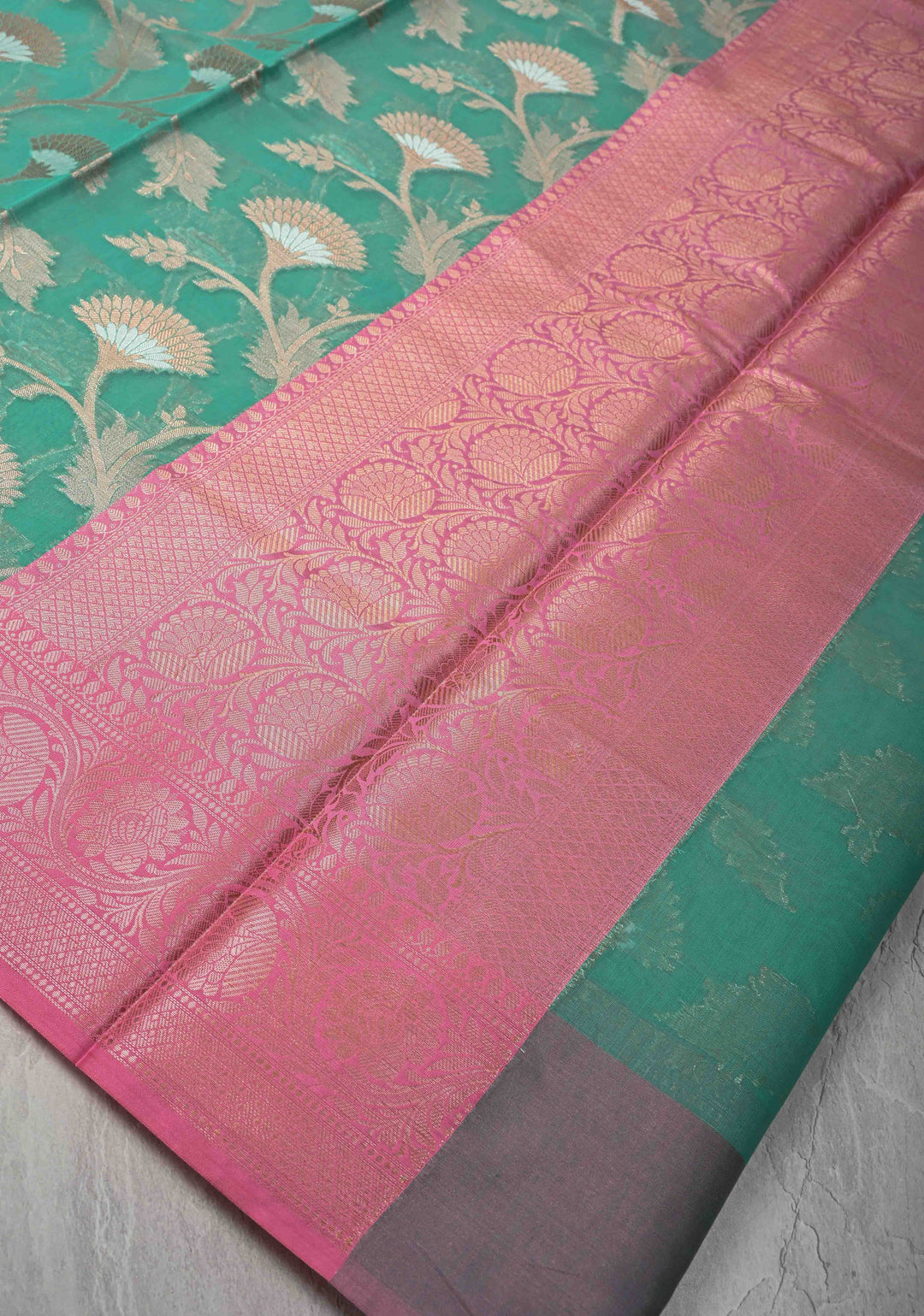 Mint Green Banarasi Semi Kora Silk Saree with Sona Rupa Jaal and Contrast Purple Zari Border