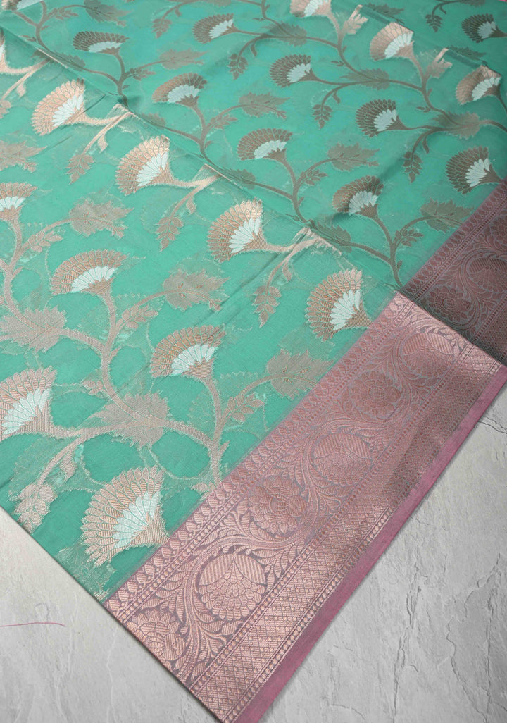 Mint Green Banarasi Semi Kora Silk Saree with Sona Rupa Jaal and Contrast Purple Zari Border