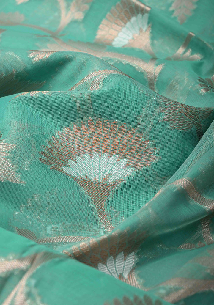 Mint Green Banarasi Semi Kora Silk Saree with Sona Rupa Jaal and Contrast Purple Zari Border