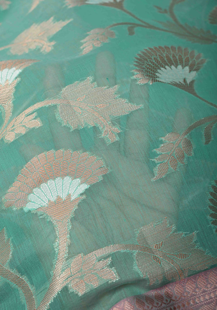Mint Green Banarasi Semi Kora Silk Saree with Sona Rupa Jaal and Contrast Purple Zari Border