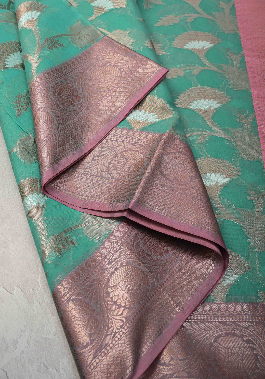 Mint Green Banarasi Semi Kora Silk Saree with Sona Rupa Jaal and Contrast Purple Zari Border