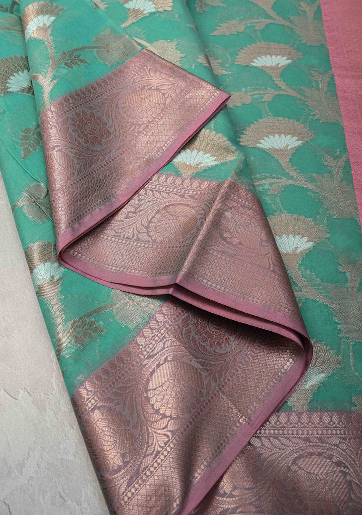 Mint Green Banarasi Semi Kora Silk Saree with Sona Rupa Jaal and Contrast Purple Zari Border