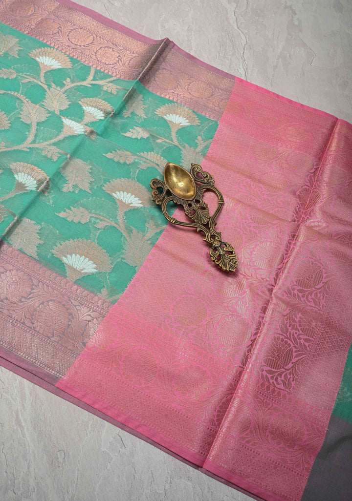 Mint Green Banarasi Semi Kora Silk Saree with Sona Rupa Jaal and Contrast Purple Zari Border