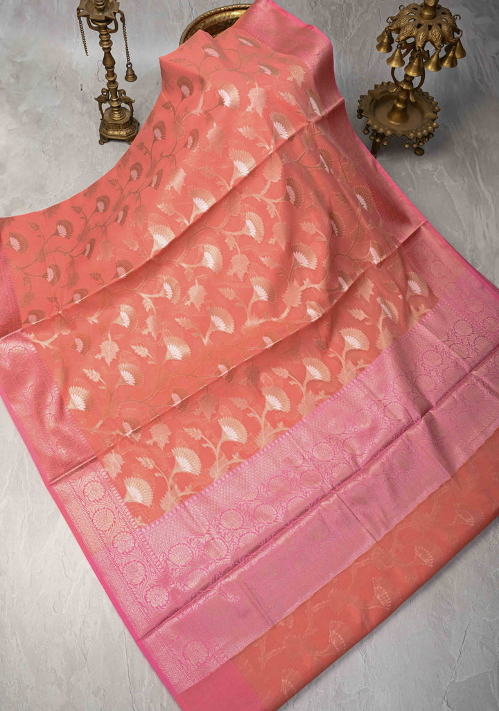 Coral Pink Banarasi Semi Kora Silk Saree with Sona Rupa Jaal and Zari Border