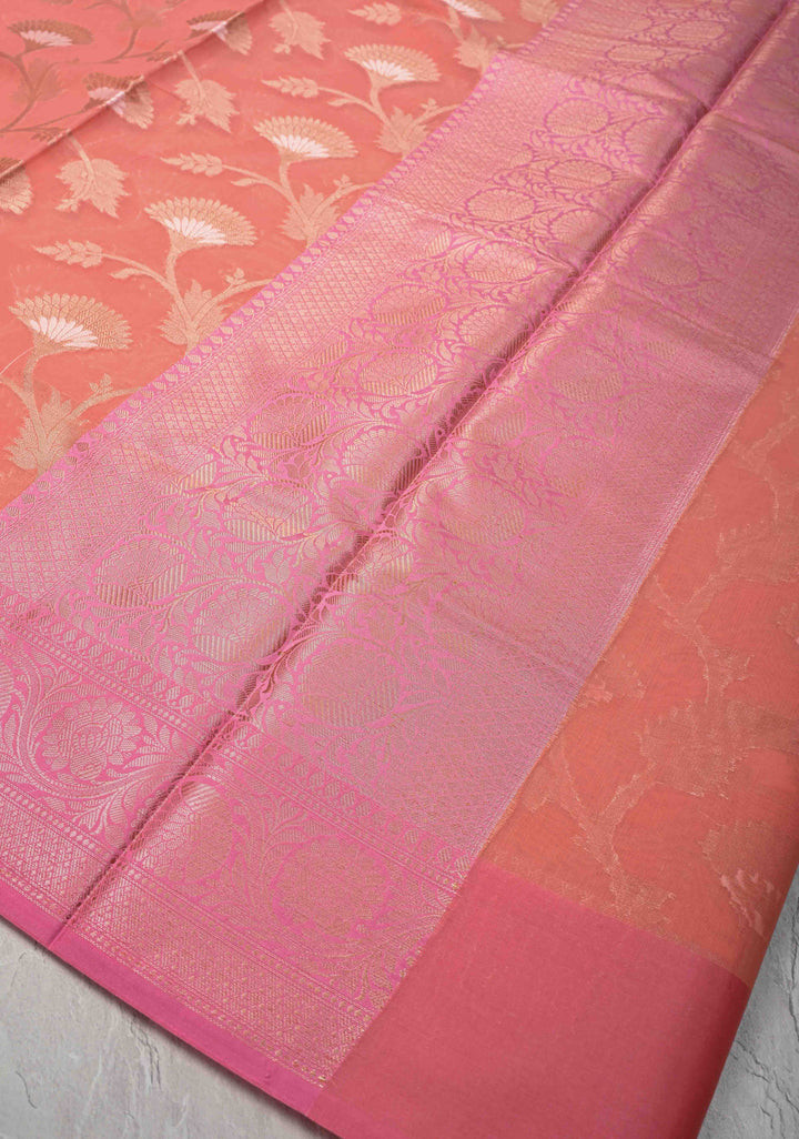Coral Pink Banarasi Semi Kora Silk Saree with Sona Rupa Jaal and Zari Border