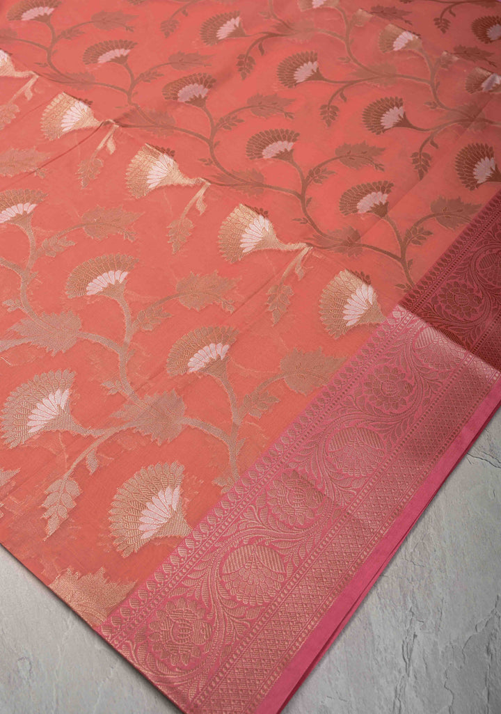 Coral Pink Banarasi Semi Kora Silk Saree with Sona Rupa Jaal and Zari Border