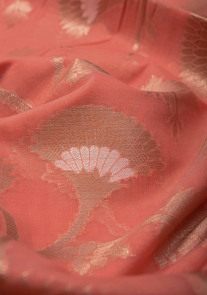 Coral Pink Banarasi Semi Kora Silk Saree with Sona Rupa Jaal and Zari Border