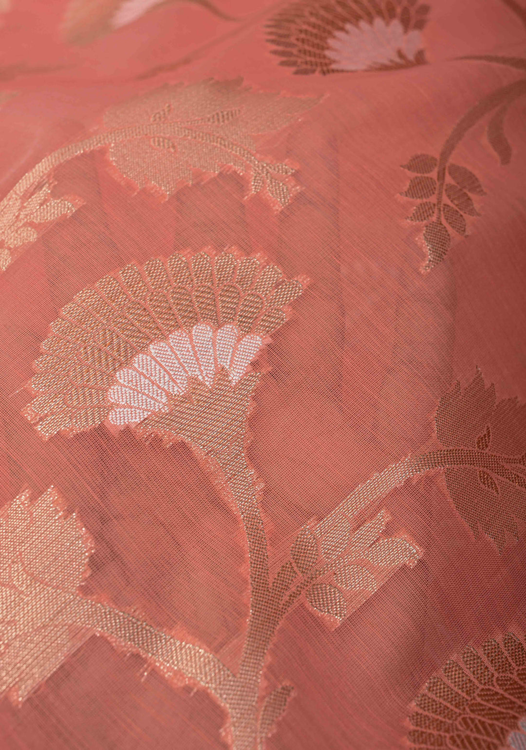 Coral Pink Banarasi Semi Kora Silk Saree with Sona Rupa Jaal and Zari Border