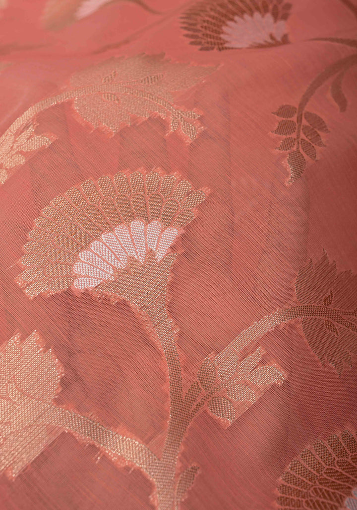 Coral Pink Banarasi Semi Kora Silk Saree with Sona Rupa Jaal and Zari Border