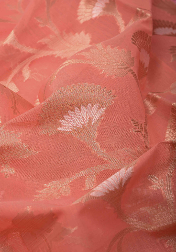 Coral Pink Banarasi Semi Kora Silk Saree with Sona Rupa Jaal and Zari Border