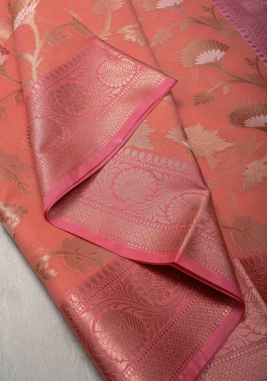 Coral Pink Banarasi Semi Kora Silk Saree with Sona Rupa Jaal and Zari Border