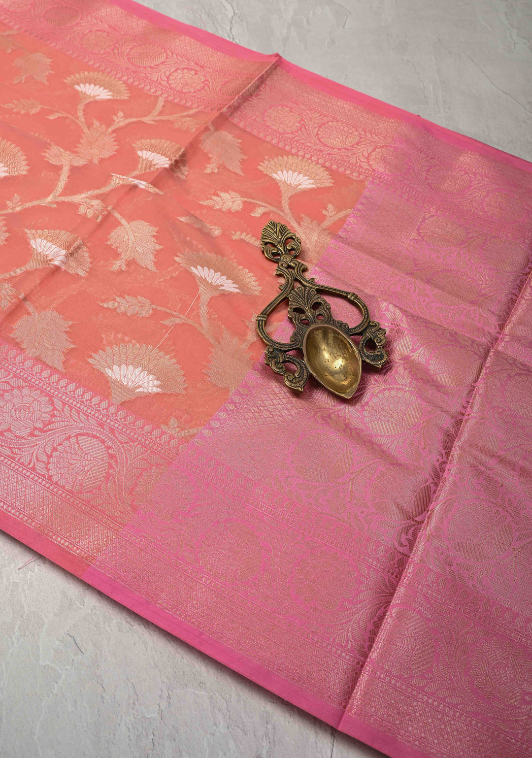 Coral Pink Banarasi Semi Kora Silk Saree with Sona Rupa Jaal and Zari Border
