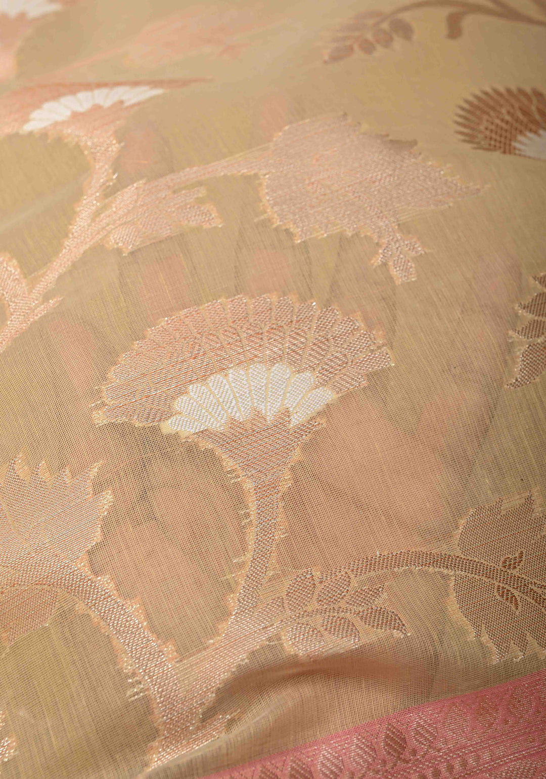 Beige Banarasi Semi Kora Silk Saree with Sona Rupa Jaal and Zari Border
