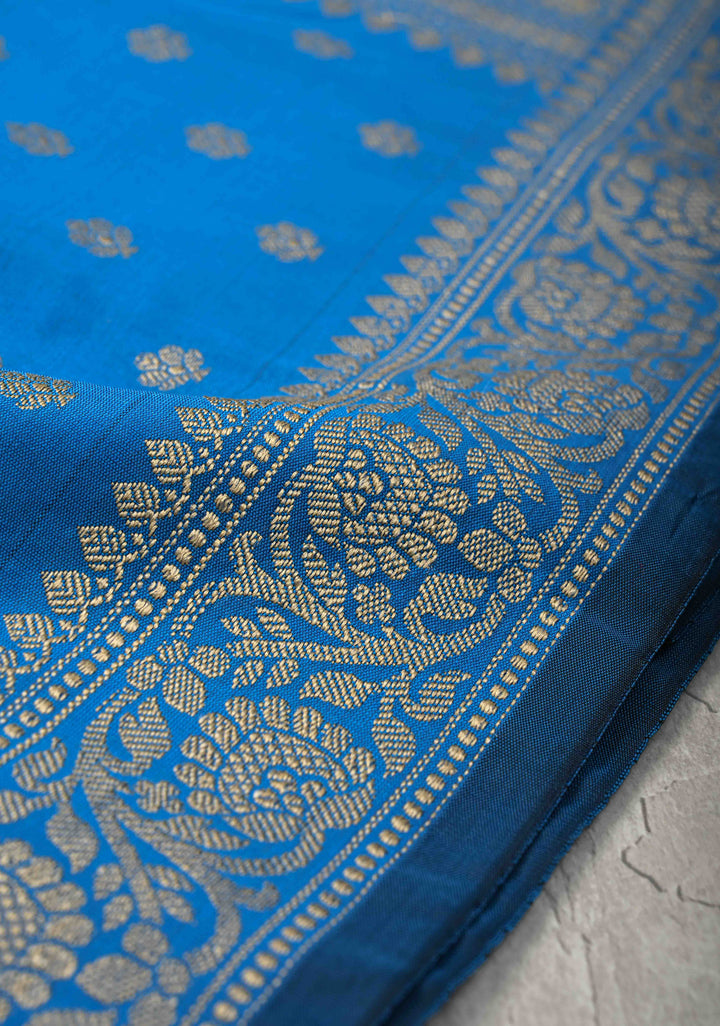 Copper sulphate Blue Banarasi Art silk saree with Resham Buttas and  Minimal Border