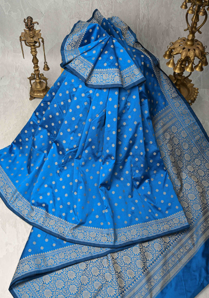 Copper sulphate Blue Banarasi Art silk saree with Resham Buttas and  Minimal Border