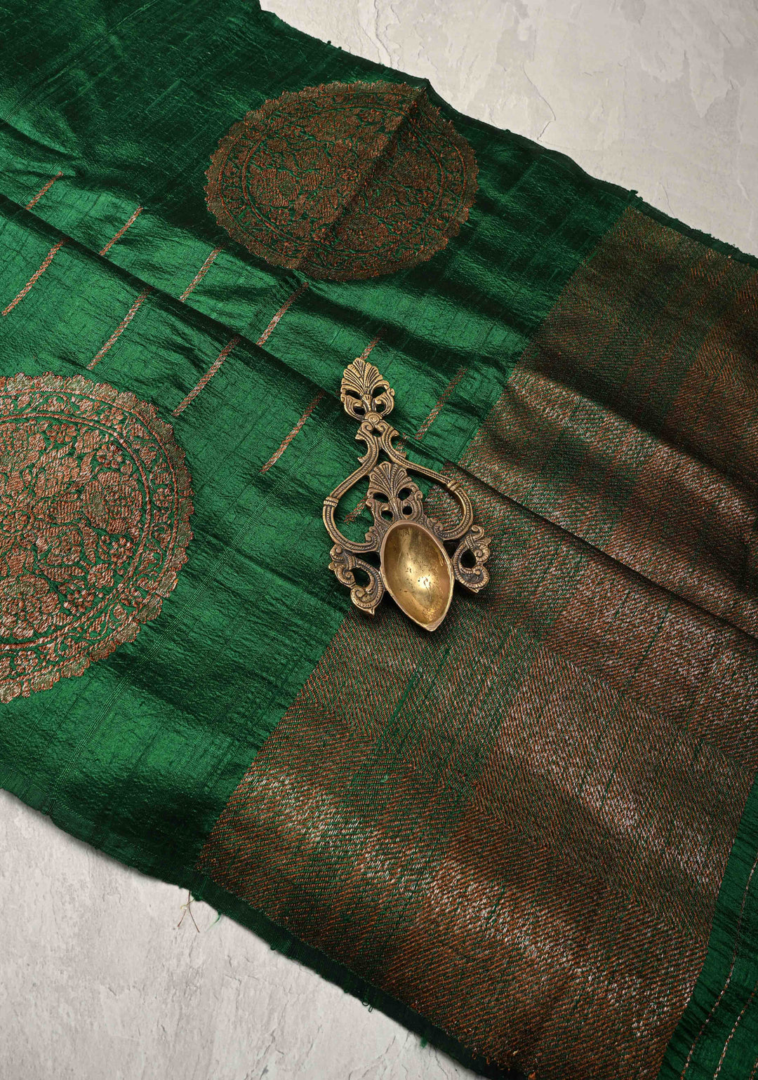 Bottle Green Banarasi Raw Silk Saree with Antique Zari Stripes and Mandala Motifs on Border | SILK MARK CERTIFIED