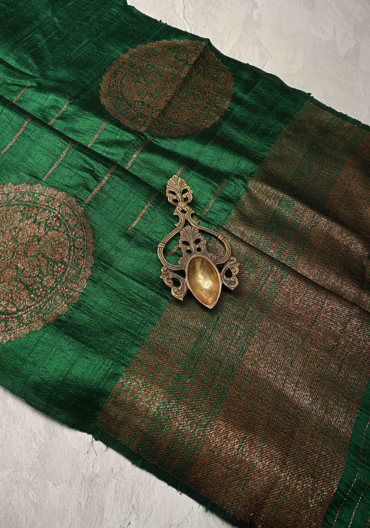 Bottle Green Banarasi Raw Silk Saree with Antique Zari Stripes and Mandala Motifs on Border | SILK MARK CERTIFIED