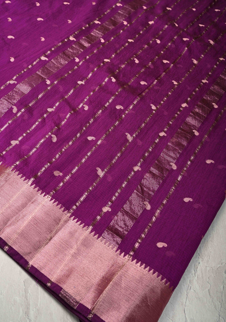 Purple Semi Silk saree with Zari Paisley Buttis and Zari Border