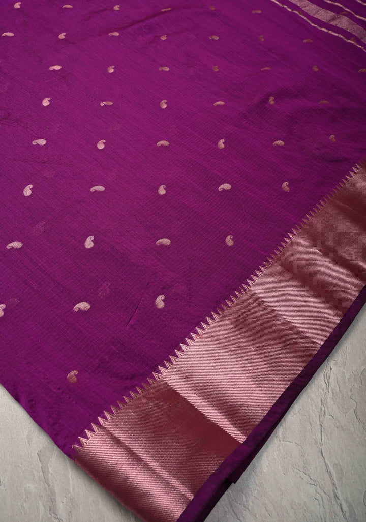 Purple Semi Silk saree with Zari Paisley Buttis and Zari Border