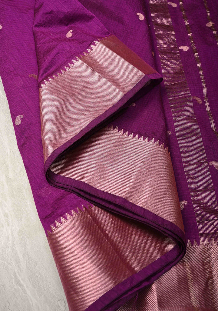 Purple Semi Silk saree with Zari Paisley Buttis and Zari Border