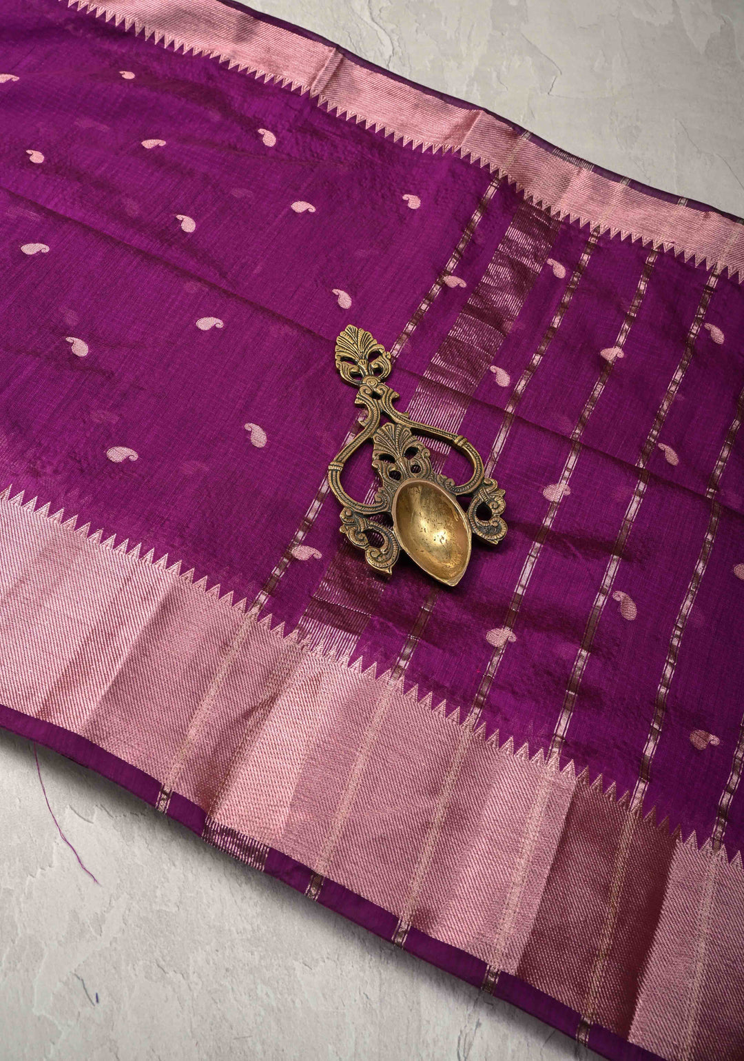 Purple Semi Silk saree with Zari Paisley Buttis and Zari Border