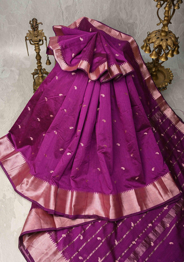 Purple Semi Silk saree with Zari Paisley Buttis and Zari Border