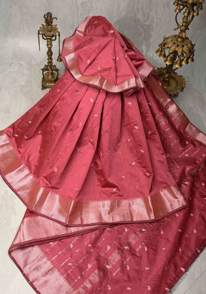 Dark Cherry Pink Semi Silk Saree with Zari Paisley Buttis and Zari Border