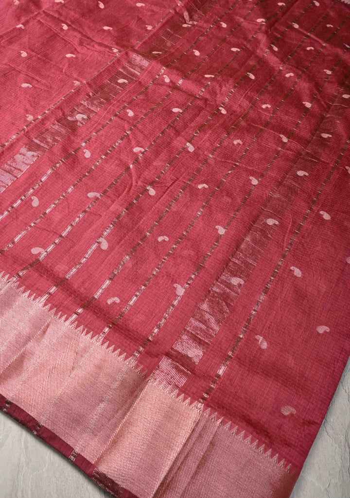 Dark Cherry Pink Semi Silk Saree with Zari Paisley Buttis and Zari Border
