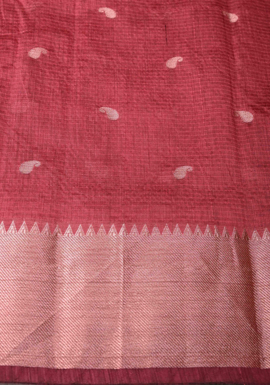 Dark Cherry Pink Semi Silk Saree with Zari Paisley Buttis and Zari Border