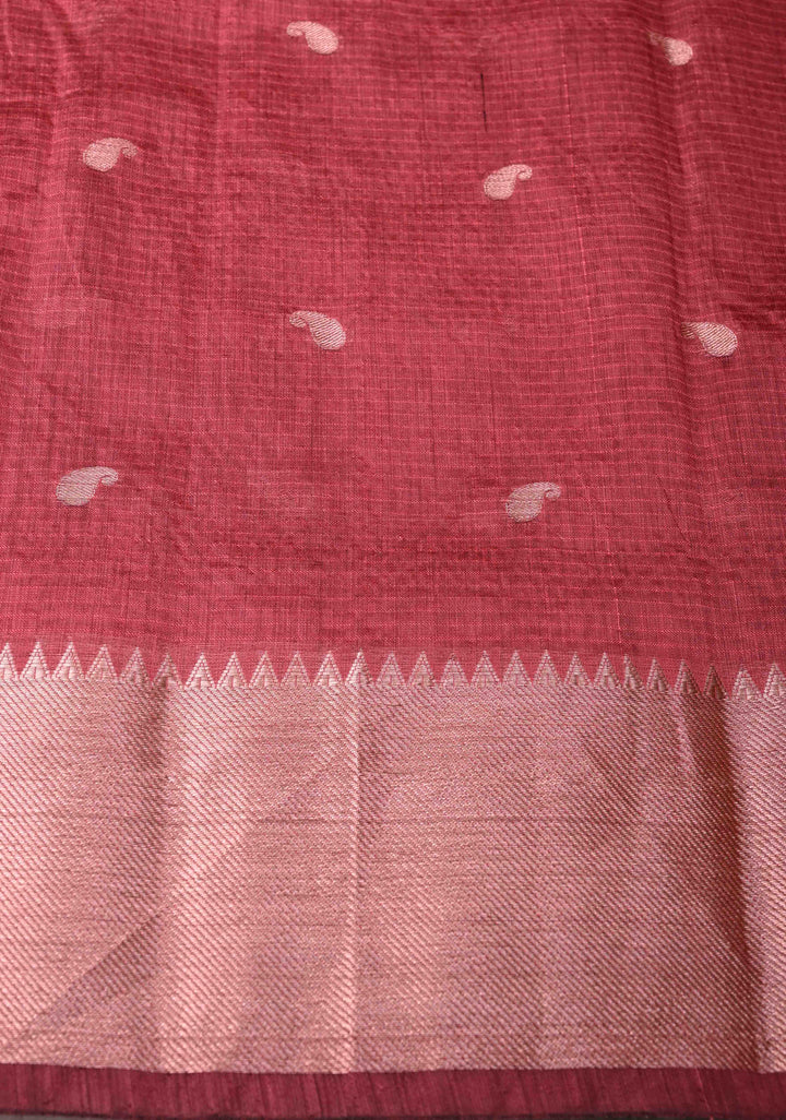 Dark Cherry Pink Semi Silk Saree with Zari Paisley Buttis and Zari Border