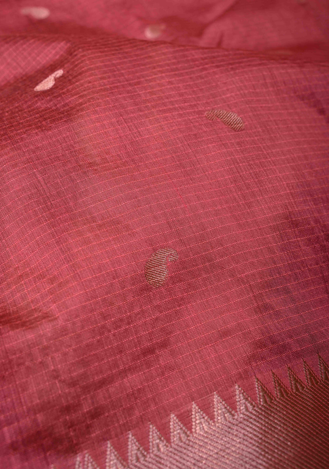Dark Cherry Pink Semi Silk Saree with Zari Paisley Buttis and Zari Border