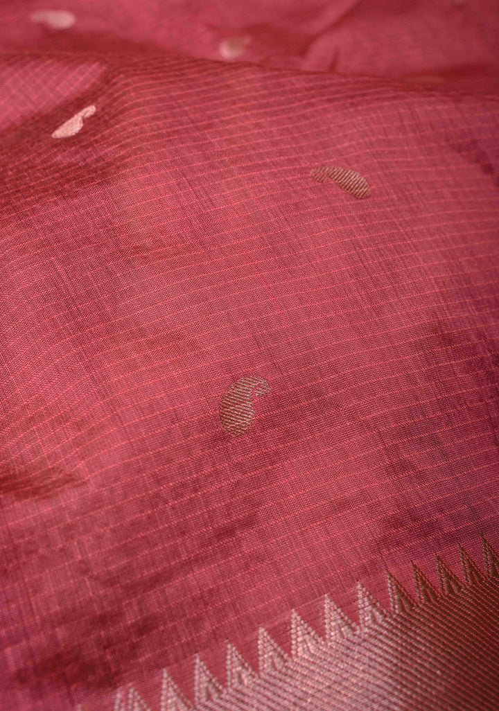 Dark Cherry Pink Semi Silk Saree with Zari Paisley Buttis and Zari Border