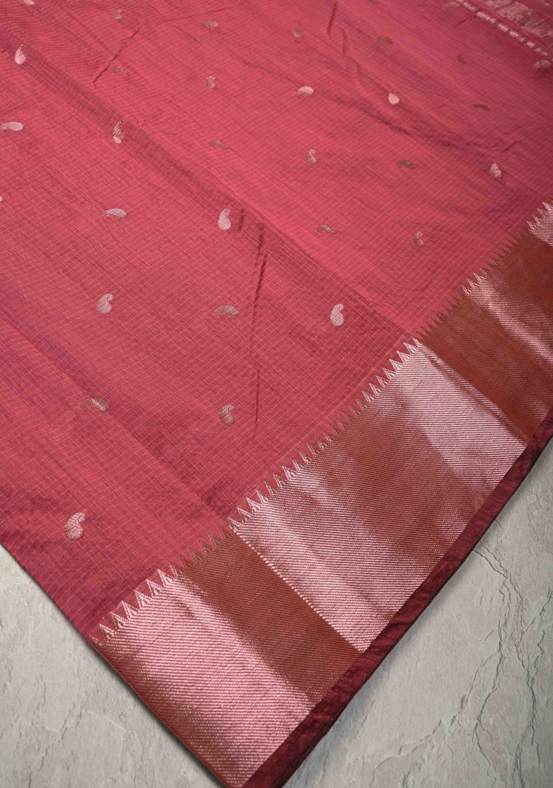 Dark Cherry Pink Semi Silk Saree with Zari Paisley Buttis and Zari Border