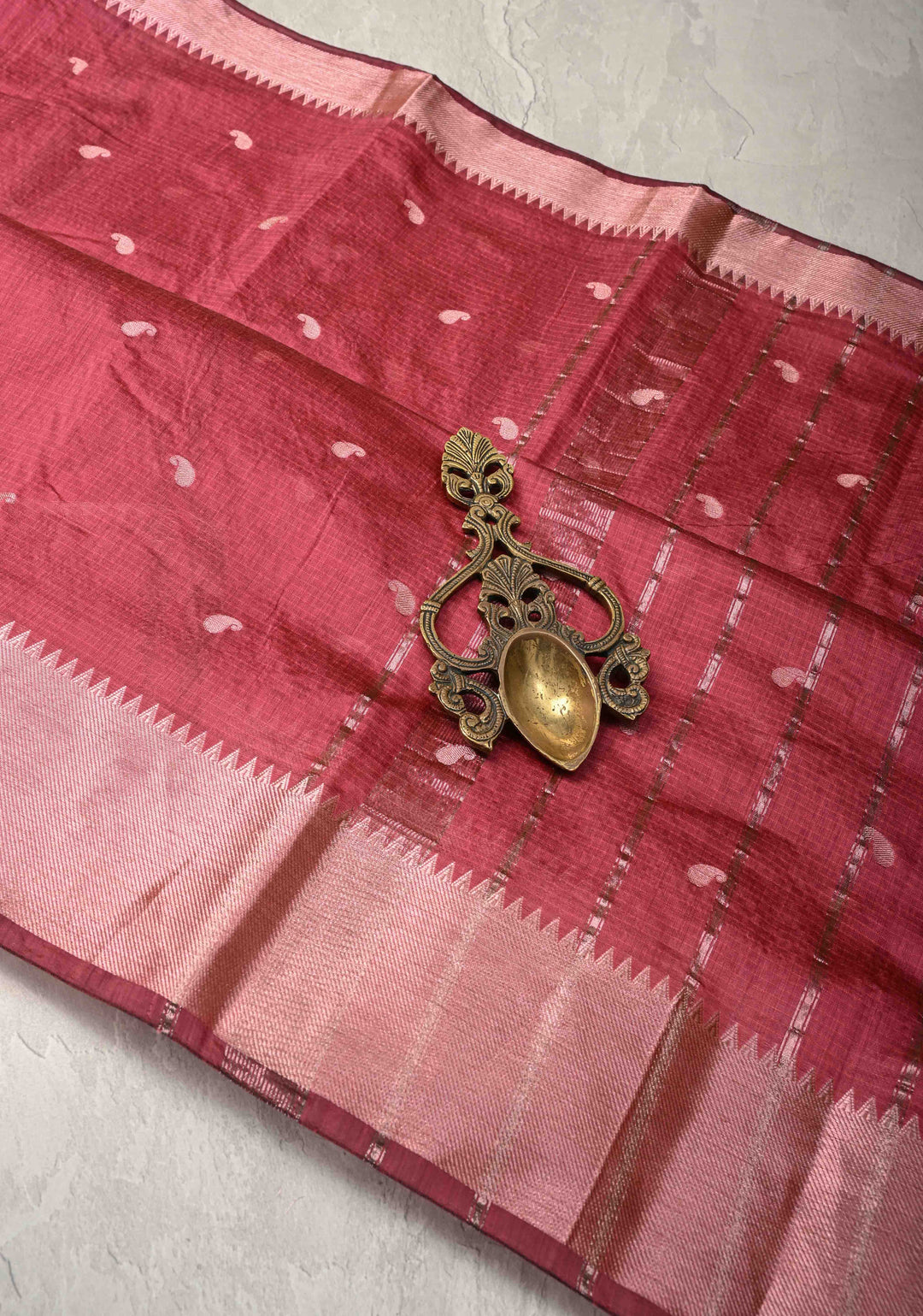 Dark Cherry Pink Semi Silk Saree with Zari Paisley Buttis and Zari Border