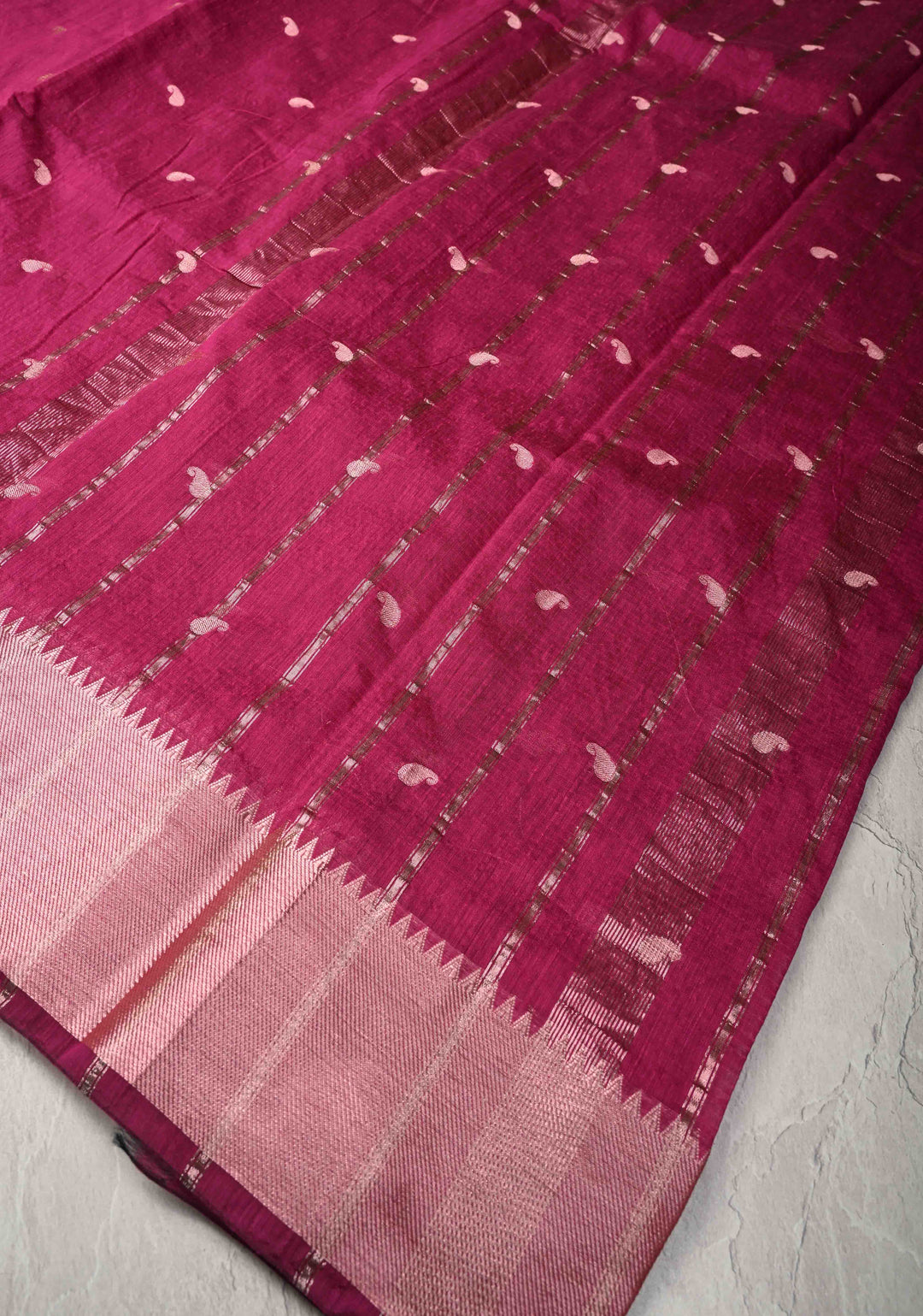 Magenta Semi Silk saree with Zari Paisley Buttis and Zari Border