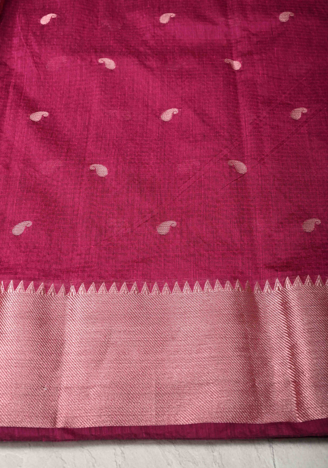 Magenta Semi Silk saree with Zari Paisley Buttis and Zari Border