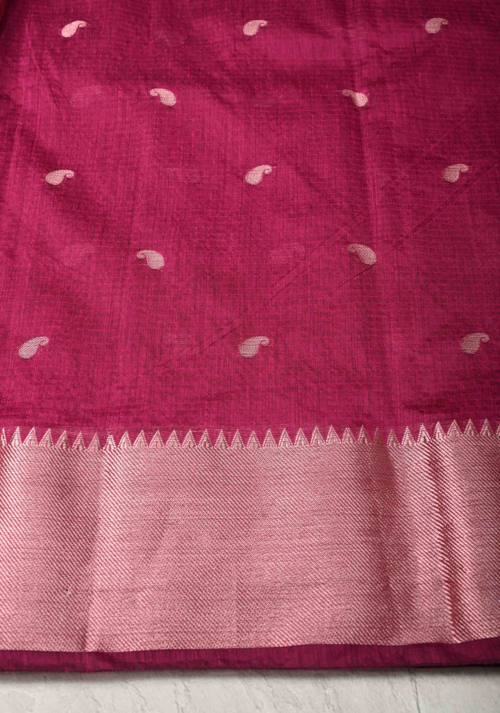 Magenta Semi Silk saree with Zari Paisley Buttis and Zari Border