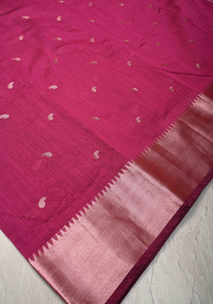 Magenta Semi Silk saree with Zari Paisley Buttis and Zari Border